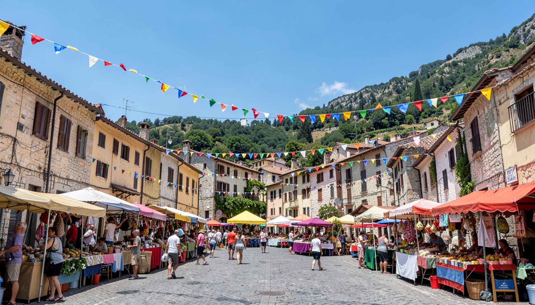 Piazza di un borgo collinare con bandiere colorate e bancarelle allestite per una sagra, sotto un cielo azzurro estivo