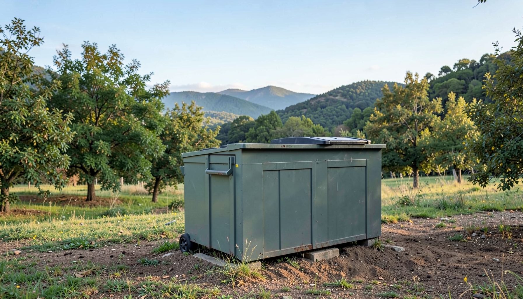 Grande contenitore metallico per la raccolta in un'area verdeggiante circondata da alberi, con colline sullo sfondo sotto un cielo sereno